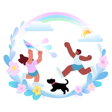 A colorful scene in a vibrant garden with children playing. One child is flying a brightly colored kite, while another is chasing after butterflies. A small puppy is running alongside them, wagging its tail. Various flowers in shades of pink, yellow, and blue surround the children, creating a cheerful atmosphere. A rainbow arcs across the sky, adding to the joyful setting. In the background, there are fluffy clouds and a sun shining brightly.