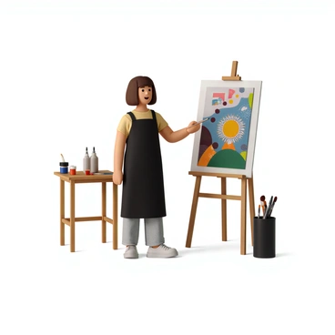 An artist with medium-length brown hair and wearing a black apron is standing in front of a large illustration board. The board is filled with a colorful, partially completed artwork that features abstract shapes and vibrant patterns. The artist holds a paintbrush in one hand and looks thoughtfully at the piece while contemplating the next strokes. Various paint tubes and brushes are scattered on a nearby table, and an easel supports the board. The lighting in the room emphasizes the colors on the illustration board, making them pop against the neutral background.