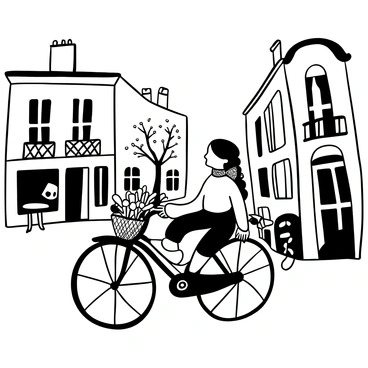A young girl with braided hair is riding a vintage bicycle down a cobblestone street in Paris. She is wearing a simple dress with a patterned scarf around her neck. The background features classic Parisian buildings with wrought-iron balconies. There are blooming trees lining the street and a small café with tables outside. A bicycle basket is filled with a bouquet of flowers. The scene captures the essence of a charming day in Paris.