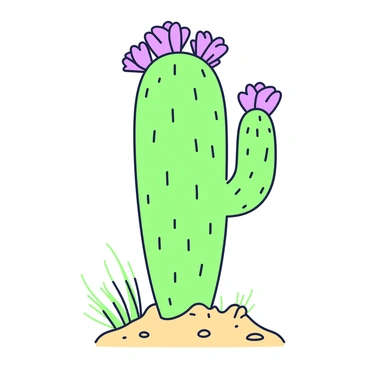 A tall cactus stands prominently in the desert landscape. Its spines are clearly defined, and the surface of the cactus is dotted with various textures. Atop the cactus, vibrant flowers are in full bloom, their petals open wide, showcasing their intricate shapes. The flowers vary in size and feature unique configurations, adding a burst of detail to the cactus. Surrounding the cactus, the sandy ground is scattered with small pebbles and tufts of dry grass, creating a contrast to the vibrant flora atop the cactus.