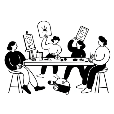 A woman with wavy hair sitting at a large table filled with various art supplies, such as paintbrushes, colorful paint tubes, and sketchbooks. Around her are family members engaged in creating art, with some drawing and others painting on canvases. There are scattered sheets of paper with colorful drawings on them and a few paint palettes resting on the table. The atmosphere is lively, with hands gesturing and laughter captured in the scene as they interact joyfully.