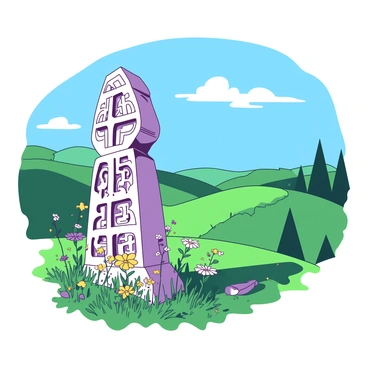 An intricately carved Armenian khachkar stands prominently among rolling green hills under a clear blue sky. The khachkar's detailed stonework features ornate patterns and crosses, showcasing the craftsmanship. In the foreground, vibrant wildflowers bloom in shades of yellow and purple, while distant trees provide a natural frame to the scene. A gentle breeze creates a subtle ripple in the grass around the base of the khachkar.