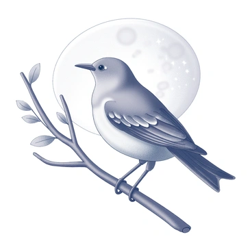 A nightingale perched on a slender tree branch. The bird is in mid-song, with its beak open and feathers detailed with intricate patterns. The tree branch is adorned with small leaves, gently illuminated by moonlight. In the background, a full moon casts a soft glow, highlighting the silhouette of the tree and creating a tranquil, nighttime setting. The stars twinkle in the night sky, enhancing the peaceful ambiance of the scene.