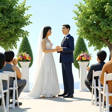 A couple standing face to face, exchanging vows during an outdoor wedding ceremony. The bride is wearing a flowing white gown adorned with delicate lace details and a long veil, while the groom is dressed in a classic navy suit with a crisp white shirt and a dark tie. Surrounding them, there are lush green trees and colorful flower arrangements set on white wooden stands. Guests are seated on white chairs, and some are holding small bouquets of flowers. In the background, a clear blue sky is visible, contributing to the cheerful ambiance of the moment.