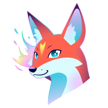 A fox head with sharp, pointed ears and bright, intelligent eyes. The fur around the face is a blend of warm orange and white, seamlessly transitioning into soft pastels of pink, blue, and yellow. There are splashes of vibrant color that radiate around the fox, creating a sense of movement and energy. The background features a soft gradient that complements the colors of the fox, enhancing its striking appearance.
