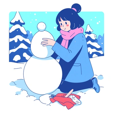 Ichinose is wearing a bright blue winter coat and a pink scarf, kneeling in a white snowy landscape. She is carefully stacking a large snowball on top of another to form a snowman. Snowflakes are gently falling around her, and her cheeks are flushed from the cold. In the background, there are snow-covered trees and a clear blue sky. A small pile of accessories for the snowman, including a carrot for the nose and a red scarf, is nearby.