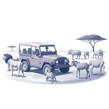 A safari jeep is parked on a sunlit savanna. The jeep has large wheels and a canvas roof, designed for off-road travel. Surrounding the jeep are several lions, notable for their muscular build and a thick mane on the males. A group of zebras stands nearby, each with distinct black and white stripes, grazing on the grass. In the background, a pair of rhinos, characterized by their thick skin and large horns, is seen standing together, appearing calm. The savanna landscape features scattered acacia trees and tall grasses, creating a natural habitat for the wildlife.