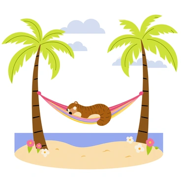 A picturesque island scene featuring a lush green background with tall palm trees swaying gently. In the center, a colorful hammock is strung between two palm trees. A relaxed pangolin is lounging comfortably in the hammock, with its unique scaled body curled up. The ground is covered with soft sand, and a few tropical flowers are blooming nearby. The sky above is bright blue with fluffy white clouds scattered throughout, adding to the serene atmosphere.