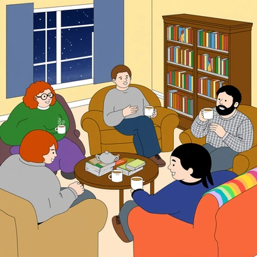 A cozy living room with warm lighting and comfortable seating. A group of four people is gathered in a circle on plush sofas. Two women, one with curly red hair wearing glasses and a green sweater, and one with straight black hair in a blue cardigan, are holding mugs of steaming tea. A man with short brown hair in a grey t-shirt is animatedly discussing a book while gesturing with his hands. Another man with a beard wearing a flannel shirt sits back, listening intently with a thoughtful expression. In the center, there is a small round coffee table cluttered with an assortment of books, a small teapot, and several empty mugs. A large bookshelf filled with neatly organized books lines one wall, and a colorful throw blanket is draped over the back of a sofa. A window reveals a glimpse of a starry night sky outside.