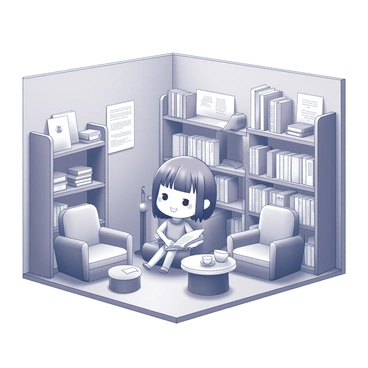 A small, cartoonish character resembling a doll is sitting in a cozy, miniature library. She is surrounded by tiny books stacked on wooden shelves, some open with text visible. The room features several comfy chairs designed for her size, with soft cushions and intricate patterns. A small table holds a teacup, and a miniature lamp casts a soft glow over the reading area. The walls are adorned with charming illustrations, enhancing the whimsical atmosphere of the library. The character is focused on reading one of the tiny books, with an expression of concentration on her face.