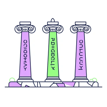 A row of classical pillars stands majestically in a straight line. The first pillar, positioned at the forefront, is prominently engraved with the word "Integrity" in ornate lettering. Each subsequent pillar features a different core value, such as "Respect," "Courage," and "Excellence," engraved in a similar style. The pillars are tall and grand, with intricate designs and decorative capitals at the top, showcasing a blend of architectural elegance. The ground is paved with stones, and a soft light casts gentle shadows from the pillars onto the surface below.