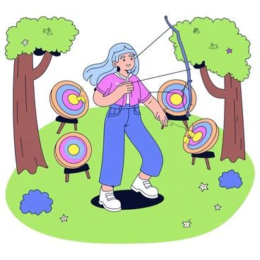 A young woman named "Artemis" is standing confidently in a lush green clearing. She has long, flowing hair and wears a fitted outfit that allows for ease of movement. In her hands, she grips a sleek bow, with her arrow nocked and ready to be released. Surrounding her are several wooden targets affixed to tree trunks at varying distances. The targets are circular with vibrant colors, indicating scoring zones. Sunlight filters through the leaves above, casting dappled shadows on the ground, while small bushes and wildflowers add touches of color to the scene.