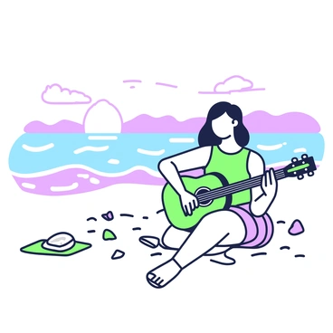 A person is sitting on a sandy beach by the ocean, playing an electric guitar. The person has long hair and is wearing a casual tank top and shorts. Waves gently lap at the shore in the background, and the sun is setting on the horizon, casting light across the water. The electric guitar is positioned on their lap, and their fingers are strumming the strings. In the foreground, there are a few scattered seashells and a small beach towel.