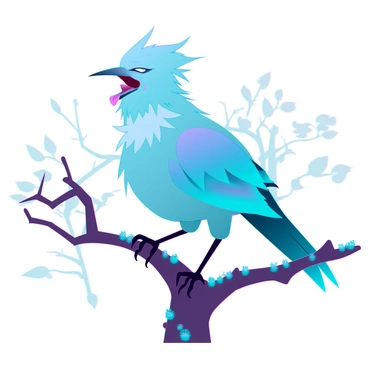 A bird with ruffled feathers and an angry expression is perched on a gnarled branch. Its feathers are a mix of iridescent blues and greens, glistening under soft light. The bird has sharp, narrowed eyes and a slightly open beak, revealing a hint of its sharp, pointed tongue. The branch is twisted and covered in small patches of moss, with a few scattered leaves nearby. In the background, blurred hints of foliage can be seen, adding depth to the scene.