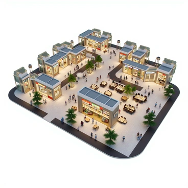 A detailed floor plan of a bustling retail mall. The layout shows multiple stores with different shapes and sizes, each featuring large glass storefronts. Signage displays names of various brands prominently. There are wide walkways connecting the stores, filled with shoppers walking and browsing. In the center, an expansive food court with several food stalls is depicted, showcasing a variety of cuisines with colorful signage. Tables and chairs are arranged around the food court area, and some people are seated, enjoying their meals. Decorative plants and lighting fixtures add to the ambiance, creating a lively atmosphere.