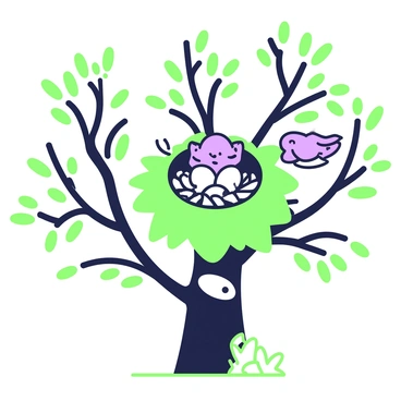 A bird's nest is situated among the branches of a tree. The nest is made of twigs and leaves, containing small eggs. A bird, with ruffled feathers and a concerned expression, is perched nearby on a branch. The tree has a noticeable cut mark near the trunk, and sawdust is scattered around the base. In the background, other tree branches surround the scene, framing the nest and the worried bird. The overall atmosphere captures the tension of the moment as the tree is being cut down.