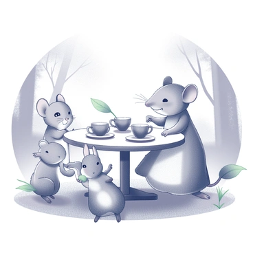 A small mouse is seated at a miniature table set for a tea party. The mouse is wearing a tiny, elegant dress, with a cheerful expression as it prepares to serve tea. The table is adorned with several acorn cups, each carefully placed, along with delicate plates made from large green leaves. Surrounding the table are tiny woodland creatures, including a squirrel and a rabbit, each enjoying the delightful gathering. The background features a sunny forest clearing, with soft grass underfoot and dappled sunlight filtering through the trees.