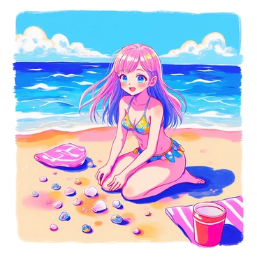 An anime girl with long, flowing hair is kneeling on the warm sand. She is wearing a vibrant bikini decorated with colorful patterns. Her eyes are wide with excitement as she carefully collects seashells scattered around her. The ocean waves can be seen gently lapping at the shore in the background, sparkling under the sunlight. The sky above is clear with a few fluffy clouds floating by. Nearby, a beach towel and a small bucket are placed on the sand, indicating her playful activity at the beach.