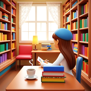 An artist with long hair and wearing a beret is sitting at a wooden table inside a quaint and cozy local bookstore. The bookstore features tall shelves filled with colorful books and has a warm, inviting ambiance. Soft light filters through large windows adorned with lace curtains. A steaming cup of coffee sits beside the artist's drawing materials. In the background, a small reading nook with plush chairs and a vintage lamp adds to the charm of the scene. The artist is focused on sketching a stack of books, capturing the essence of the bookstore.