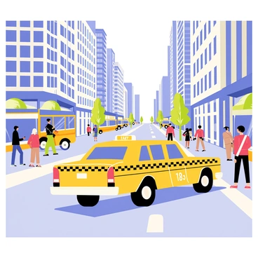 A classic yellow taxi cab with a checkered pattern on the sides is driving down a busy street in Manhattan. Skyscrapers line the street with large glass windows reflecting sunlight. People are walking along the sidewalks, some stopping to look at storefronts. Other vehicles can be seen in the background, including buses and bicycles, adding to the hustle and bustle of the city. The scene captures the dynamic energy of urban life with vibrant colors and clear details.
