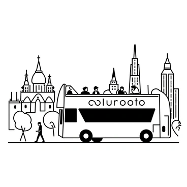 A double-decker bus is driving through a cityscape filled with iconic landmarks. The bus has a prominent "tour" sign displayed on the front, indicating its purpose. It is shown in profile, with passengers visible on the top deck, enjoying the view. Surrounding the bus are detailed representations of well-known buildings, such as a historic cathedral with intricate spires and a modern skyscraper with a sleek silhouette. Trees line the streets, and a few pedestrians are walking along the sidewalk, adding life to the scene. The sky is clear, enhancing the visibility of the landmarks.