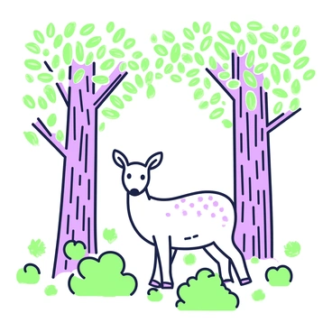A serene forest scene with fine-line trees, leaves, and a small deer hiding among them.