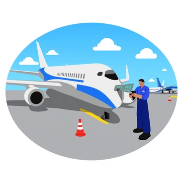A pilot dressed in a blue uniform is performing a pre-flight inspection of a large commercial airplane on the tarmac. The airplane is a sleek white color with blue and red stripes along the fuselage. The pilot is examining the airplane's wing and checking the flaps for any signs of damage. In the background, there are a few other airplanes parked on the tarmac and a bright blue sky with fluffy white clouds. The tarmac is gray and well-maintained, with safety cones placed around the airplane.