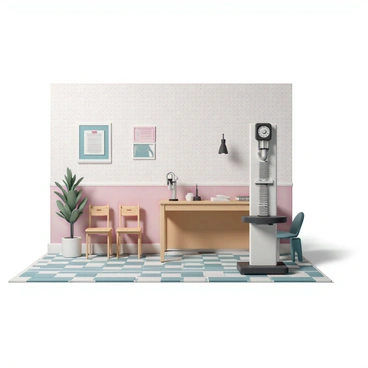 A retro doctor's office with a tall mechanical scale for weighing patients