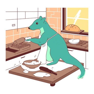A teal pangolin is standing on its hind legs, wearing a small white apron, as it kneads dough on a wooden countertop in a quaint kitchen. The kitchen has white cabinetry and a warm orange tiled backsplash. Flour dust is visibly floating in the air, illuminated by sunlight streaming through a nearby window. A rolling pin and a bowl filled with more dough are placed next to the pangolin, while a loaf of freshly baked bread sits on a cooling rack behind it. The scene conveys a lively atmosphere of baking activity.