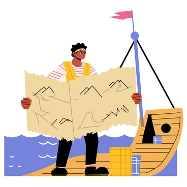 Vadivelu dressed as a pirate, with a colorful bandana and a striped shirt, is standing on the deck of a wooden ship. A large, tattered treasure map is spread open in his hands, displaying detailed illustrations of mountains and marked paths. The ship's surroundings include a vivid blue sky and gentle waves lapping against the hull. The ship features a tall mast with a fluttering pirate flag, and there are barrels and crates scattered across the deck. Vadivelu's expression is one of determination as he scans the horizon for treasure.