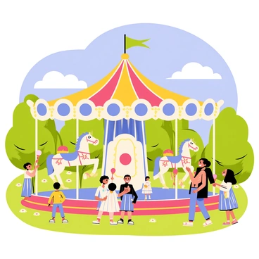 A vintage carousel spinning in a Bordeaux park, surrounded by laughing children