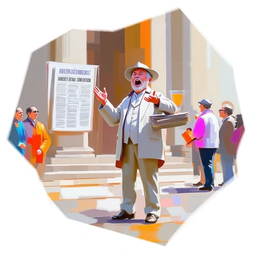A newspaper vendor with a weathered face and a worn cap stands outside a grand hall, energetically shouting headlines about the "Constitutional Convention." He is holding a stack of newspapers in one hand, while gesturing animatedly with the other. The vendor is dressed in a faded coat, and his expression is filled with enthusiasm. Behind him, the entrance of the hall is adorned with large columns, and a small crowd of curious onlookers gathers around to listen and purchase newspapers. The atmosphere is lively, capturing the spirit of public discourse.