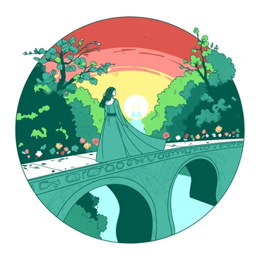 A teal figure resembling Galadriel is gracefully crossing a majestic bridge. The bridge is adorned with intricate patterns of various flowers, blooming in vibrant colors. Surrounding the bridge, there are lush, green trees that create a natural archway above. In the distance, a shimmering portal marks the entrance to another realm, glowing softly. The sky above is painted in a gradient, blending shades of red and yellow, adding an enchanting atmosphere to the scene. Galadriel's flowing hair and elegant gown billow gently as she walks, embodying grace and poise.