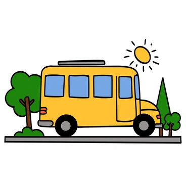 An electric school bus with a bright yellow exterior, parked under the sunlight. The bus has solar panels installed on its roof, glinting in the light. The surrounding area features greenery with a few trees, and the pavement beneath the bus is light gray. The scene conveys a sense of sustainability and innovation in transportation.