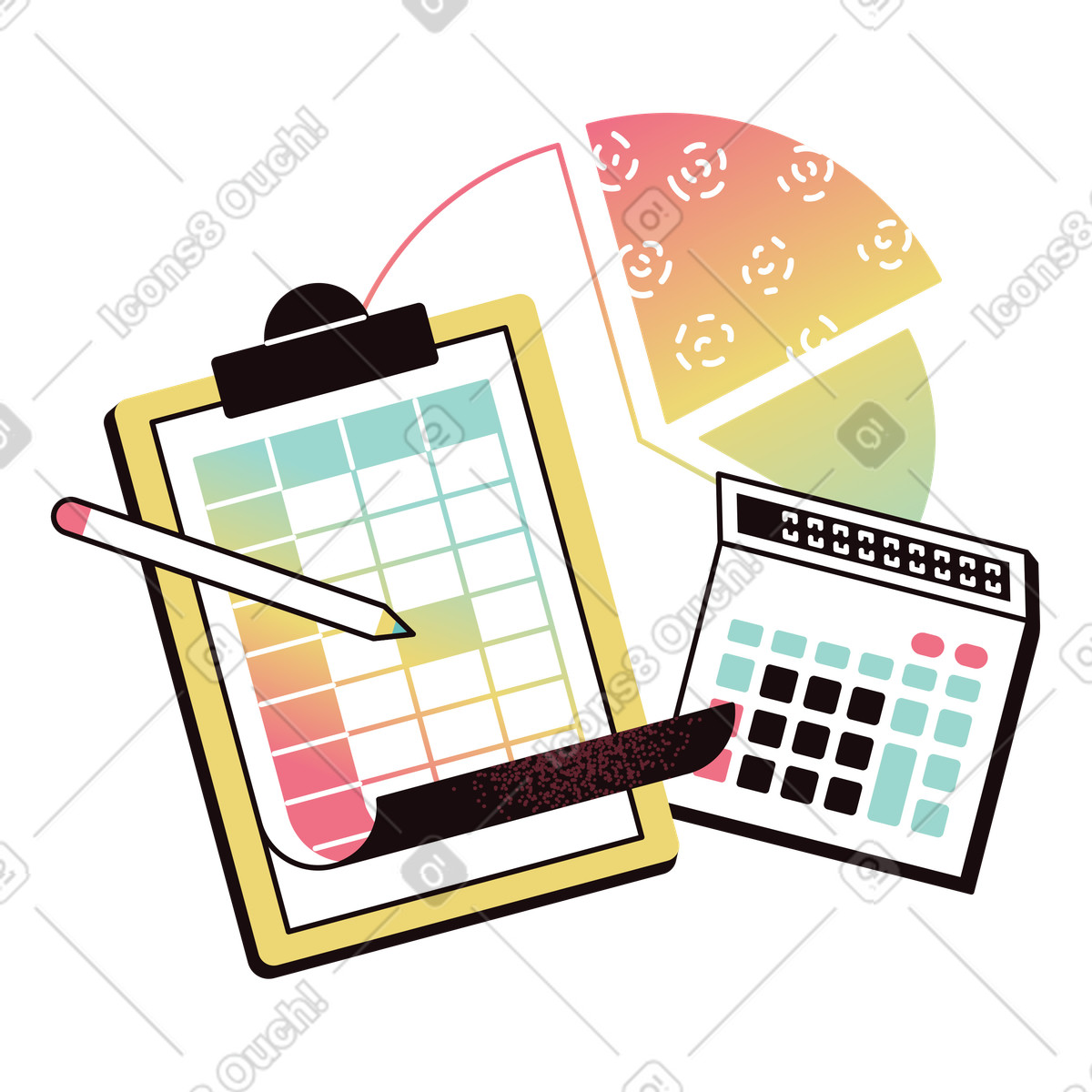 Иллюстрация Spreadsheet and calculator with pie chart, Financial planning accounting в стиле Delight — скачать в форматах PNG, SVG