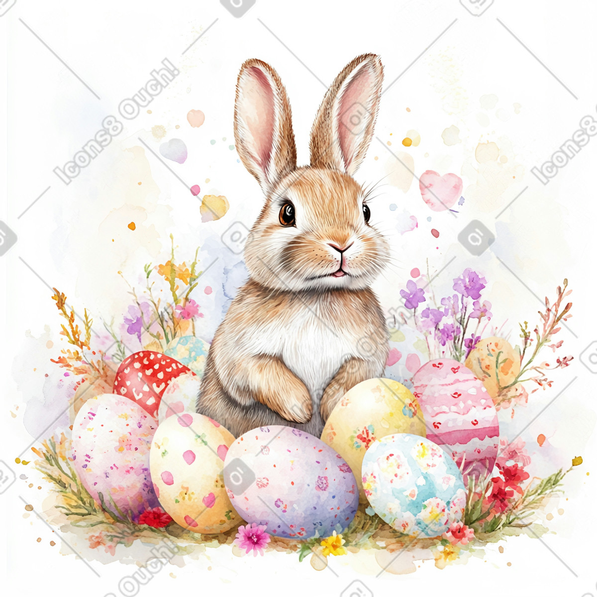 Bunny with easter eggs, watercolor illustration in Postcards style download in PNG, SVG