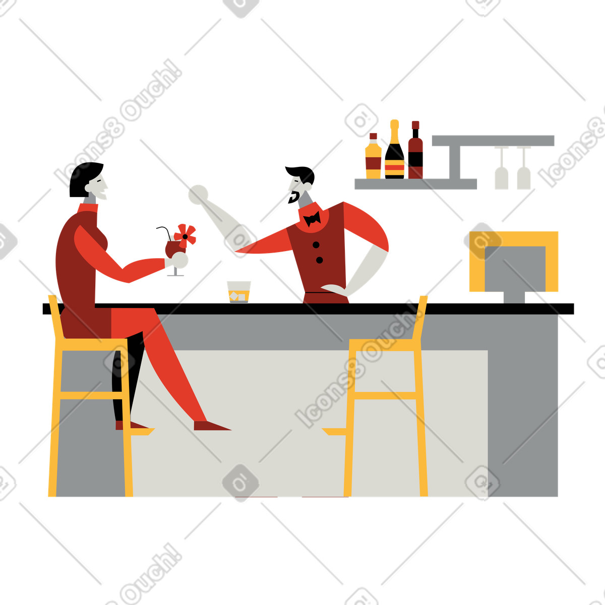 Frau trinkt alkohol mit barkeeper-Illustration im Burgundy-Stil als Download in PNG, SVG