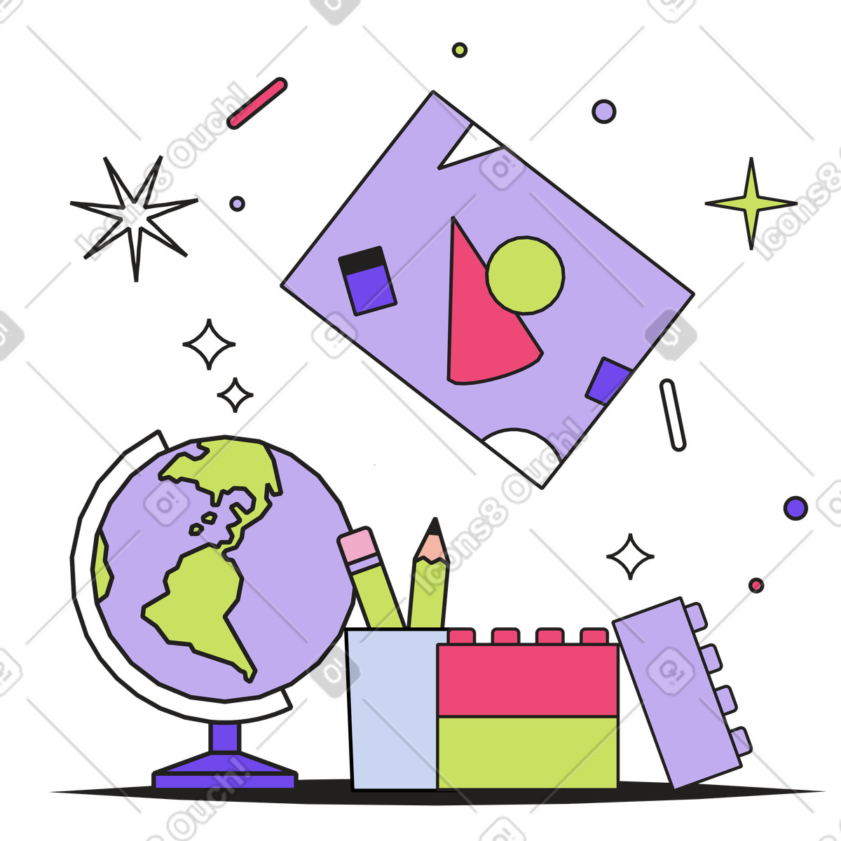 Globe, building blocks, and art supplies, Preschool education classroom learning illustrazione in stile Dazzle scarica in PNG, SVG
