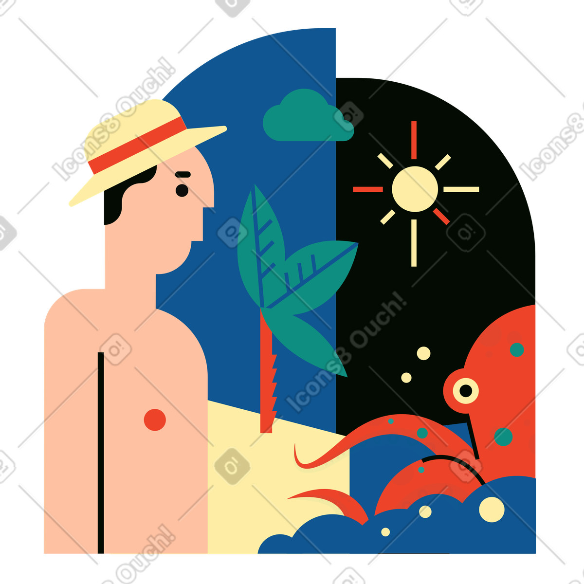Uomo che vede un polipo in vacanza esotica illustrazione stile Polar scarica PNG, SVG