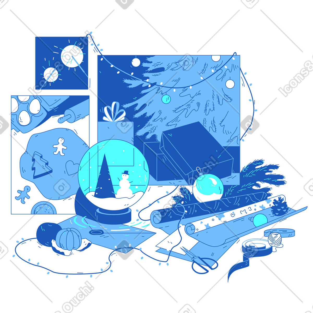 Storyline スタイルの ベーキング、ラッピング、デコレーションなどのクリスマスの準備 のイラストをPNG、SVG形式でダウンロード