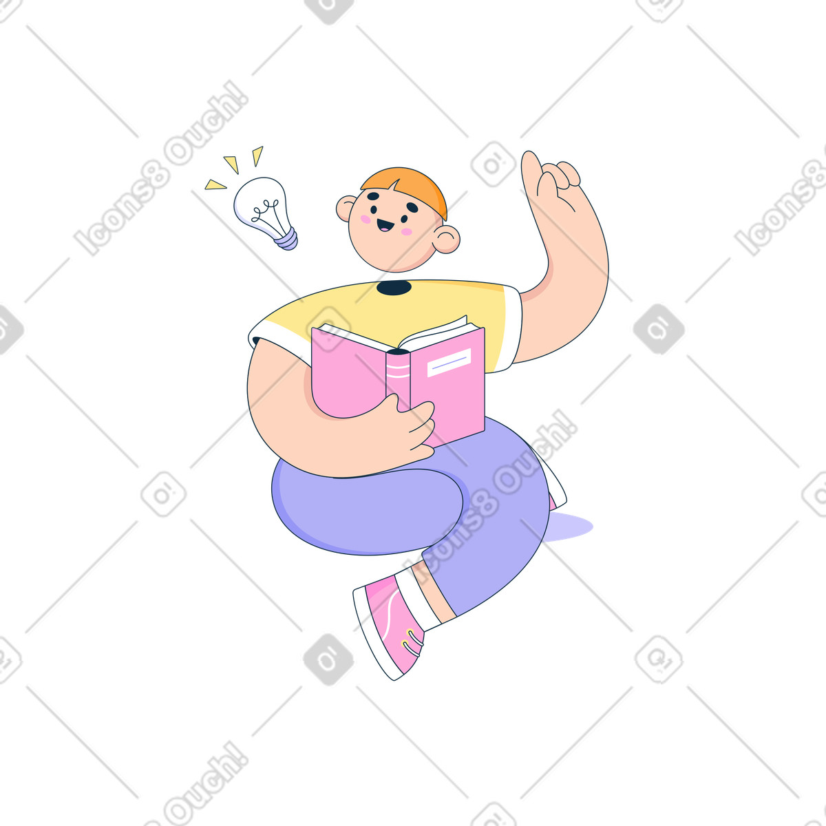 Student discovering new idea while reading, insightful learning and brainstorming scene illustration in Bubble gum style download in PNG, SVG