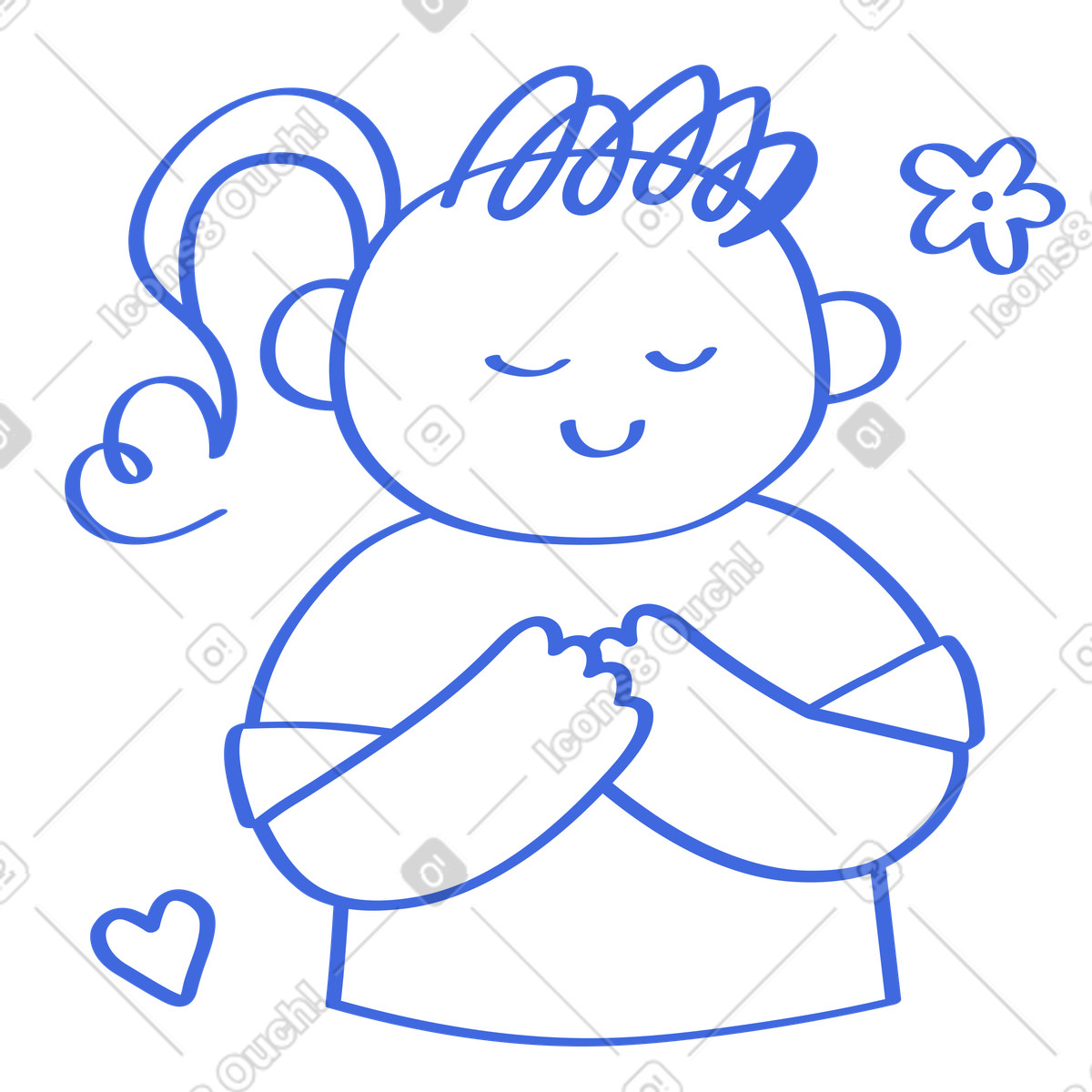 Illustration Character holding hands on chest expressing gratitude and inner peace dans le style Ballpoint Pen à télécharger aux formats PNG, SVG