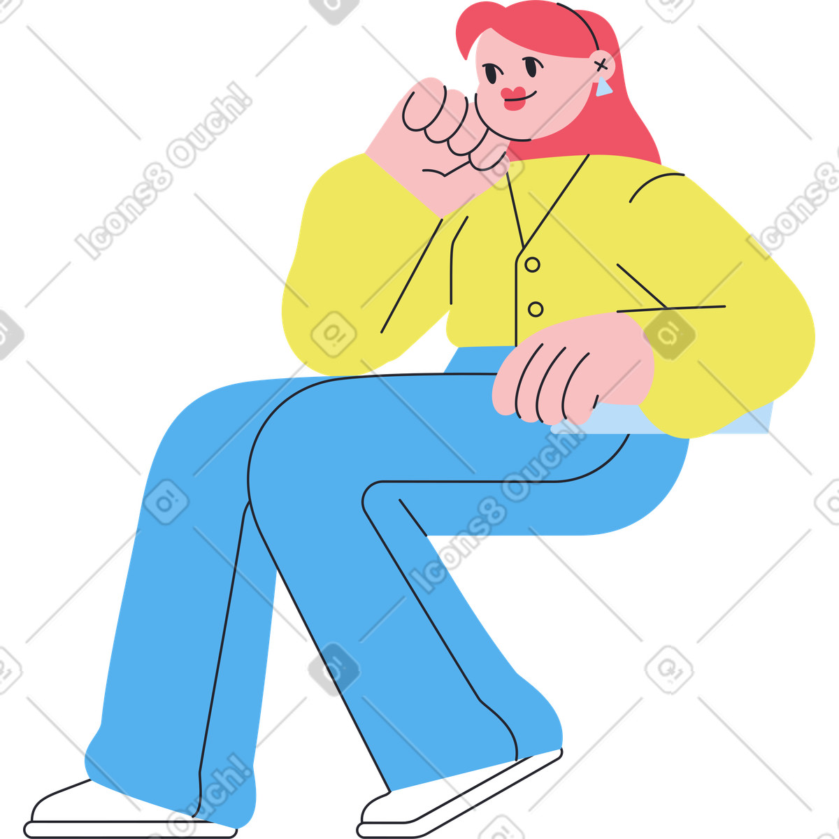 Ilustración Mujer sentada con la barbilla apoyada en mano estilo Boba a descargar PNG y SVG