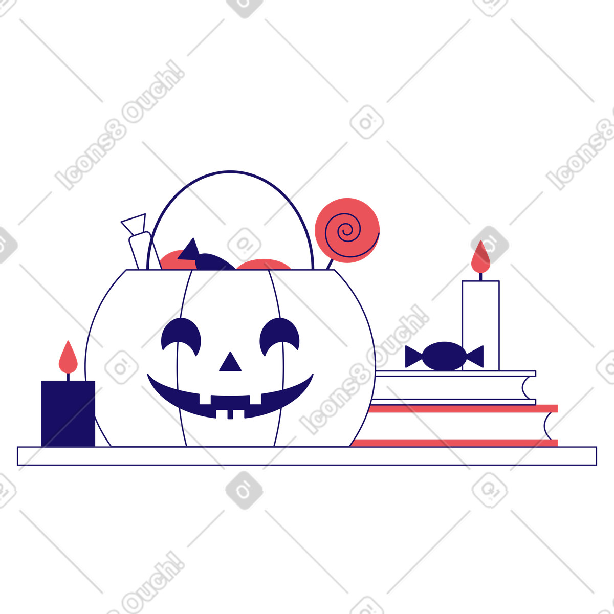 Ilustración animada Cesta de calabaza con dulces, velas y libros. en estilo Bendy a descargar en GIF, Lottie (JSON), AE