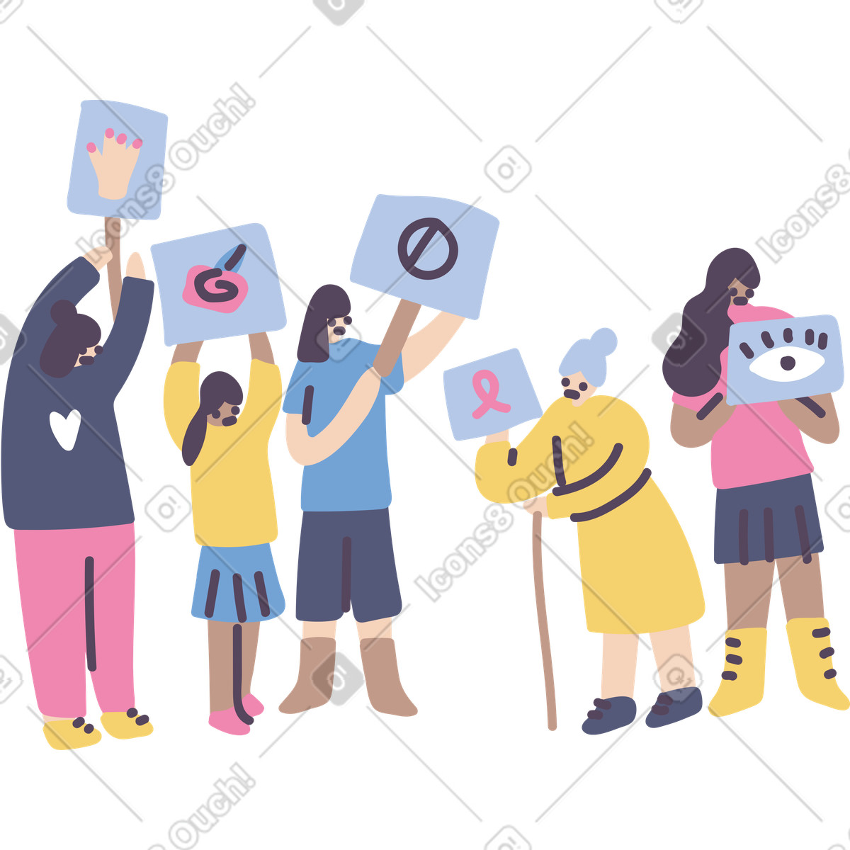Feminist march campaigning for women's rights illustration in Pluto style download in PNG, SVG