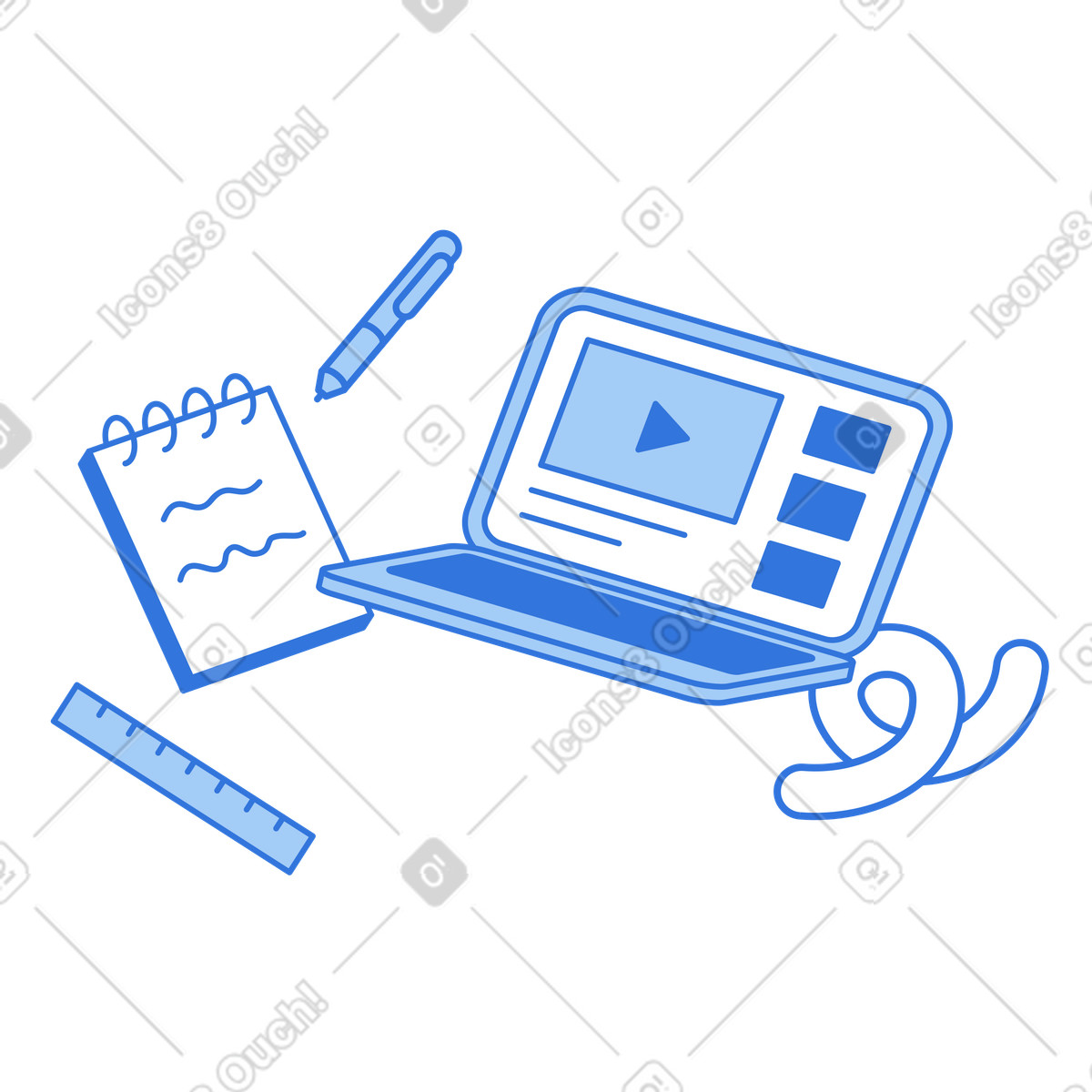 Laptop with online course video and study supplies, E-learning or remote education illustrazione in stile Sky scarica in PNG, SVG