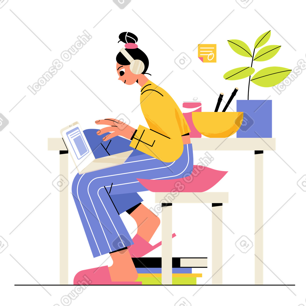 Working on laptop at desk, Remote job or home office workspace animated illustration in GIF, Lottie (JSON), AE
