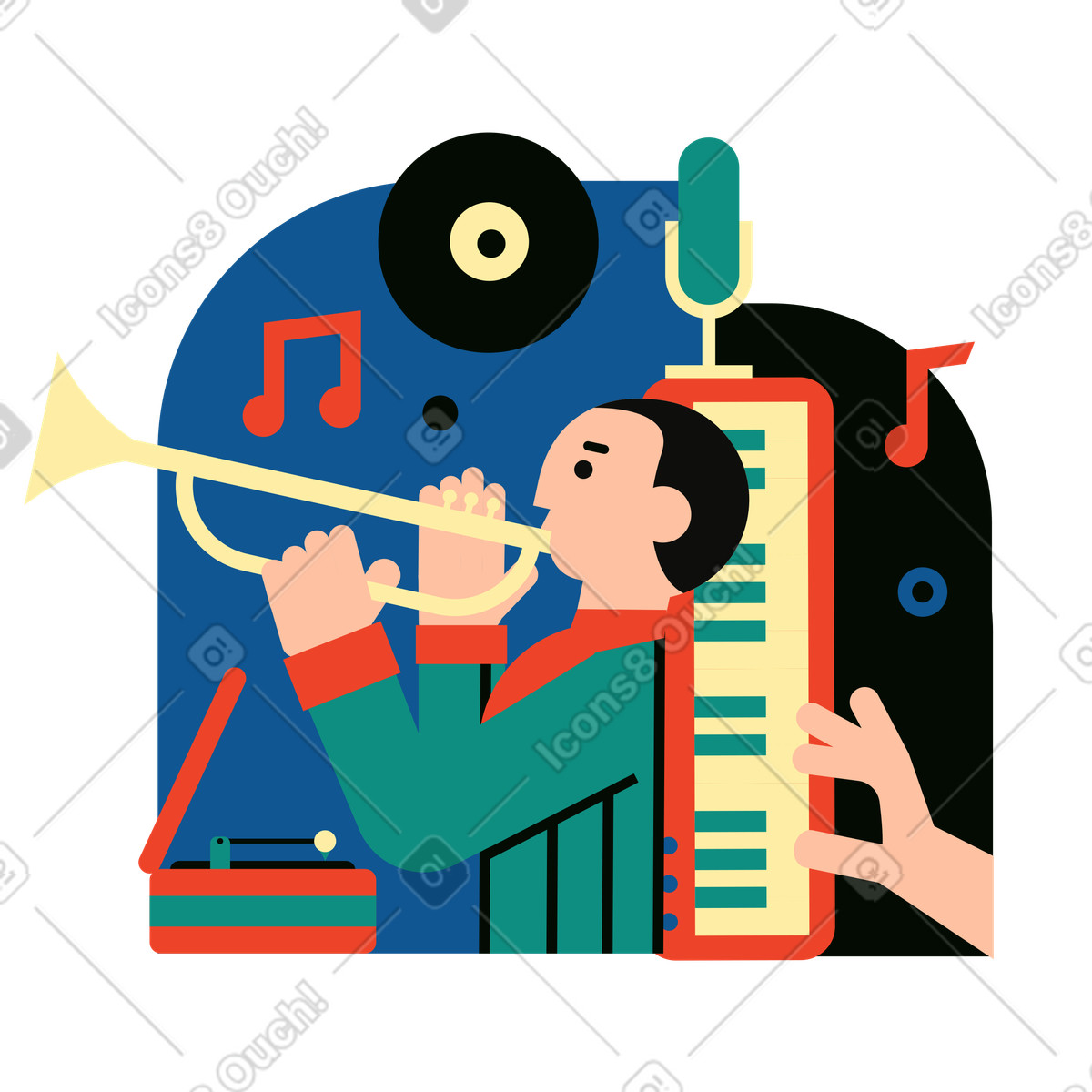Ilustración Hombre tocando la trompeta y grabando sonido en estilo Polar a descargar en PNG SVG