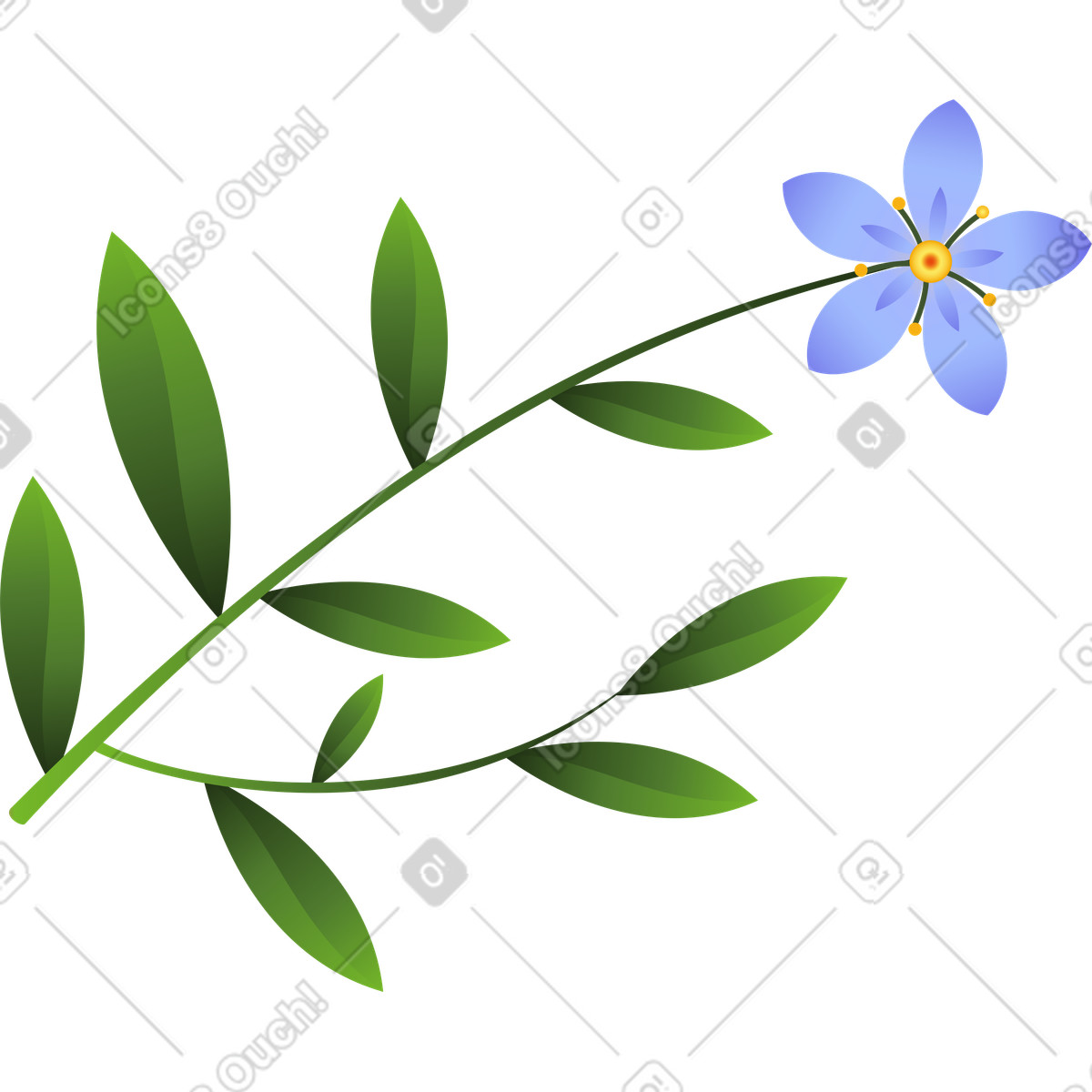 Illustration Une petite fleur bleue sur brindille avec des feuilles dans le style Blossom à télécharger aux formats PNG, SVG
