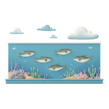 A large mural on the side of a seaside building, featuring several cod fish swimming gracefully through vibrant blue water. The mural captures multiple cod fish, each displaying their distinct features with mottled green and brown patterns on their bodies. Surrounding the fish are colorful coral formations and marine plants, creating an underwater scene full of life. The sky above is clear and bright, with a few fluffy clouds scattered, reflecting the sunny day at the coast.